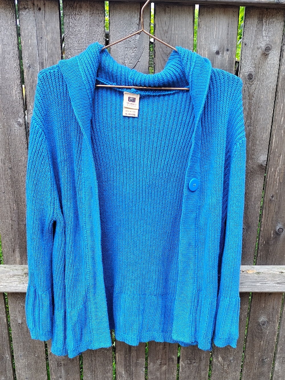 Vintage Blue Ribbed Knit Cardigan Sweater Jacket Hood Button Bell Sleeve
